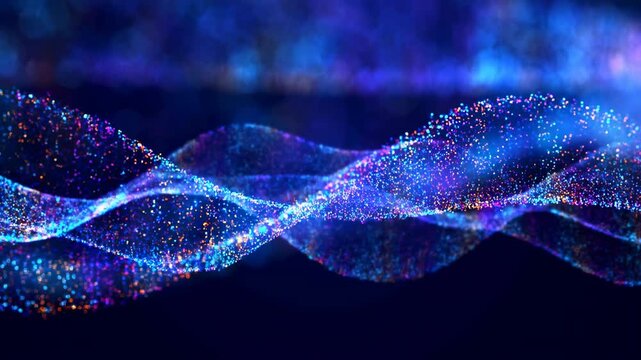 Glowing particle ribbons undulate across dark background, forming layered blue and magenta waves with shimmering dots, smooth curves, overlapping depth, and luminous motion