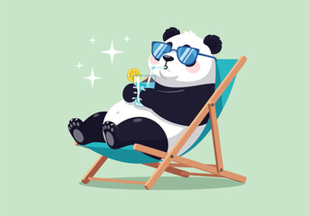 A charming panda illustration relaxing in a deck chair on vacation, captures a cute summer holiday scene with a refreshing drink. © Life Studio