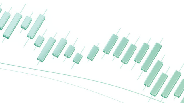 Turquoise financial candlestick chart with trend lines, close-up oblique view, isolated 3D illustration