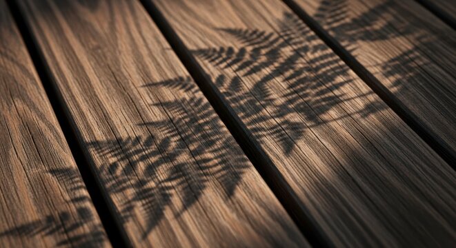 Shadows of fern leaves cast on wooden planks creating a natural and textured surface appearance outdoors