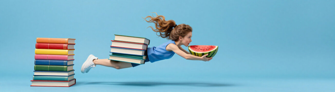 comical female figure depicted body consisting stack colorful textbooks juicy watermelon set
