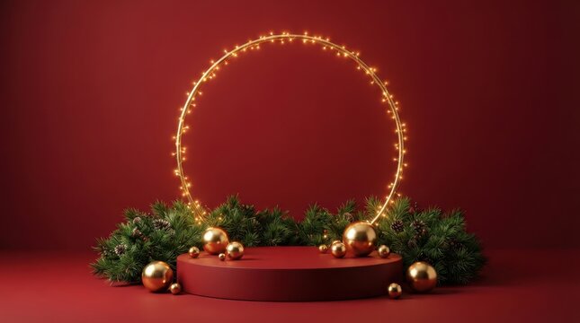 Merry Christmas Red Christmas product display podium with glowing circular light and pine branches for holiday seasonal marketing 3d render