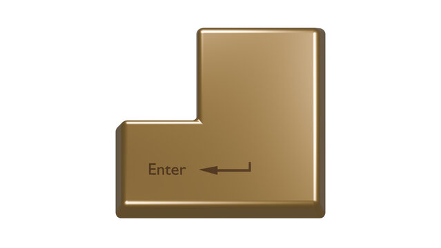 Golden Enter key with return arrow, front view, isolated 3D illustration