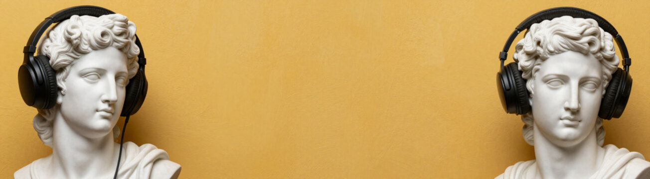 detailed statue apollo wearing sleek headphones placed vibrant textured colored wall ample negative space