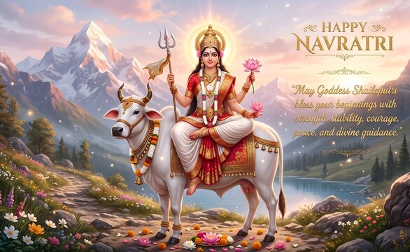 Goddess Shailaputri Day 1 Navratri Wishes Banner Landscape View
