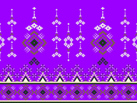 Vibrant purple Hmong ethnic border pattern with pixelated geometric diamond motifs for traditional fashion and textile design.