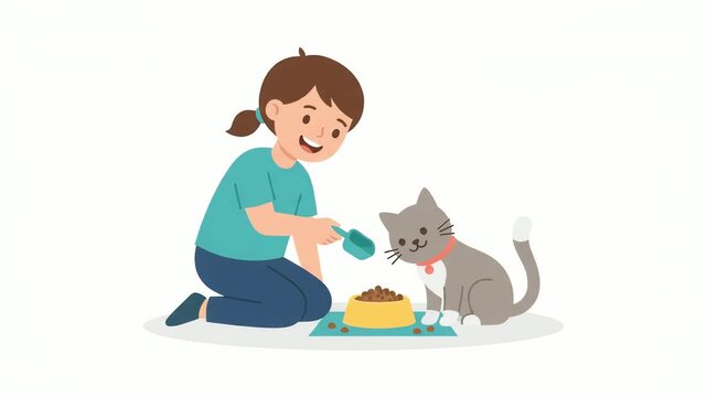 Girl kneeling on the floor feeds her domestic cat from a yellow bowl using a small plastic scoop while smiling in a bright indoor setting to demonstrate the daily responsibility of pet care.