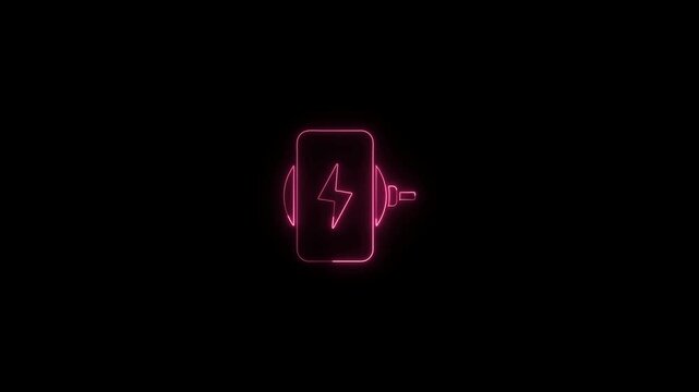 Neon red wireless smartphone charging icon animation on black background