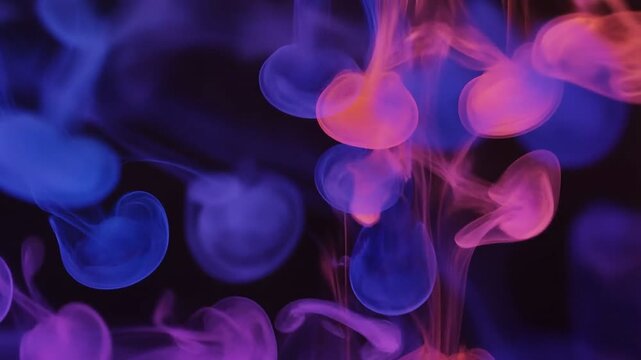 Colorful smoke plumes of neon blue, purple, and orange swirling and blending in slow motion