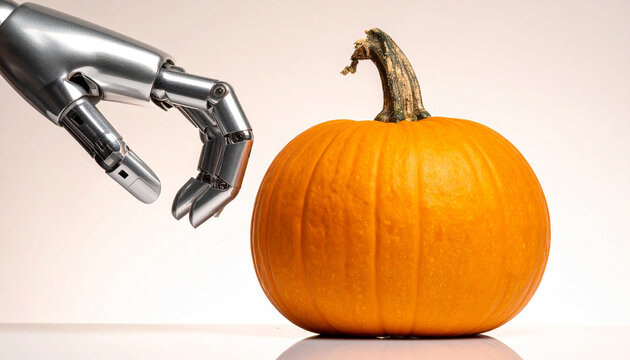 Robotic Hand Reaching for Pumpkin: A metallic robotic hand extends its fingers towards a ripe, orange pumpkin, symbolizing the intersection of technology and nature.