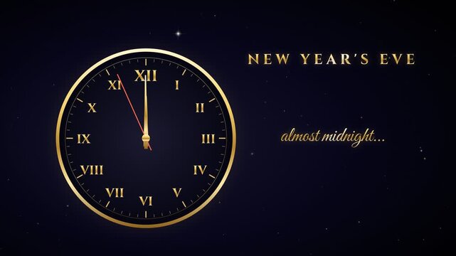 New Years Eve countdown clock showing almost midnight with fireworks and Happy New Year 2027 text