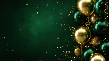 Obraz premium Green and gold balloons with curling ribbons and confetti frame a dark emerald background with copy space for an elegant festive celebration