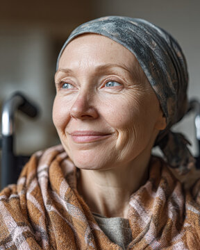 A serene middle-aged woman wearing a headscarf and warm clothing looks thoughtfully into the distance, exuding hope and resilience.