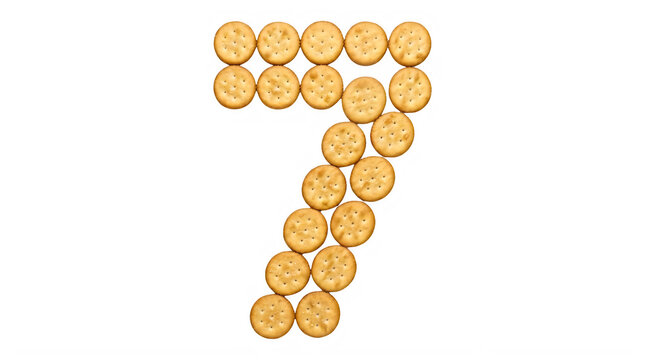 Creative arrangement of round crackers forming a number seven shape transparent background