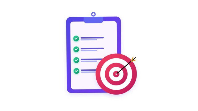Purple business clipboard with green checkmarks and archery target, concept for Target achievement checklist and Achieving business goals, ideal for corporate presentations and strategic planning