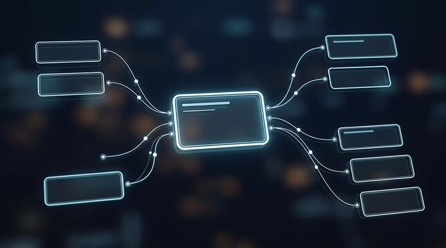 Abstract digital interface featuring glowing connected nodes and data flow visualization for modern software architecture and complex system monitoring in a futuristic virtual environment