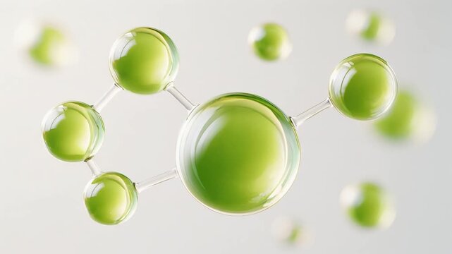 CICAをイメージした透明グリーン美容分子がゆっくり浮遊するシームレスループ動画 / Seamless loop of translucent green cosmetic molecule inspired by CICA skincare