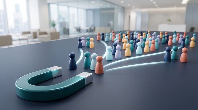 Corporate lead generation concept using a giant magnet pulling colorful human figures representing diverse business prospects into a funnel representing sales growth and conversion strategy