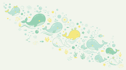 Obraz premium Cute Whales and Underwater Elements, Hand Drawn Style, Isolated