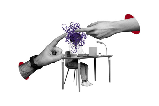 Artwork composite collage of purple backdrop caricature workspace young lady burnout remote work laptop sit table pressure finger point