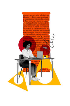 Vertical poster collage young woman freelancer remote job worker literature book page novel author writer journalist table workspace