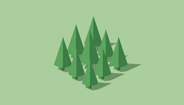 Isometric cluster of low polygon green pine trees casts realistic shadows on a soft background.