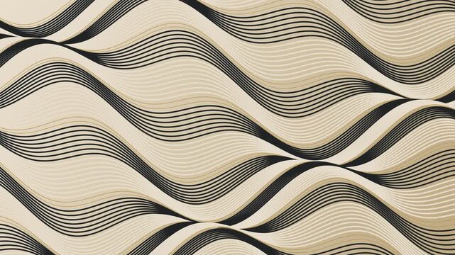 Abstract Beige and Black Wavy Parallel Lines Pattern with Dynamic Fluid Motion and Geometric 3D Effect Background