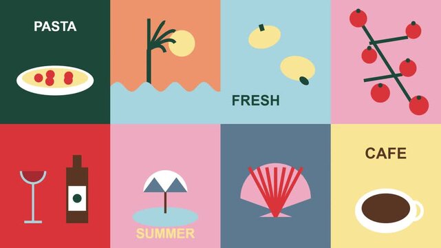 Summer Mediterranean Lemon Tomatoes and Pasta Vector Collection for Ads, Covers, Social Media Graphics, Shop, Discount, Sale and Flyer Decoration