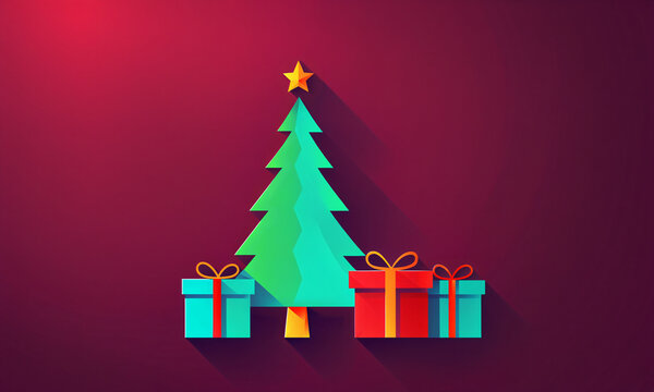 layered turquoise green christmas tree with yellow star on top and three colorful gift boxes with bows on dark red purple background