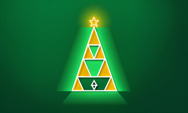 yellow green geometric christmas tree with triangular panels white outlines and glowing yellow star on top on solid green background with light beams
