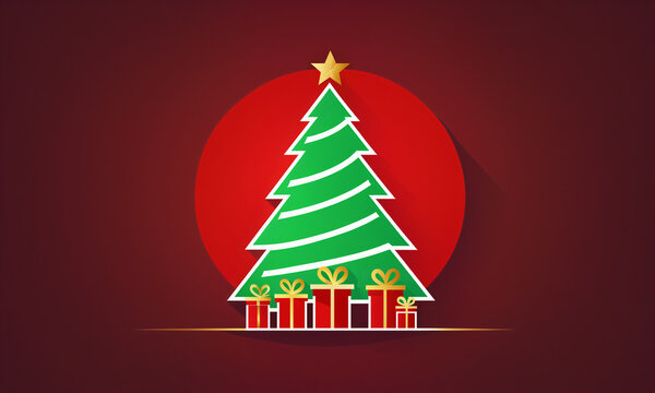 flat green christmas tree with white diagonal stripes gold star and multiple red gold gift boxes at base against red circle on dark red background