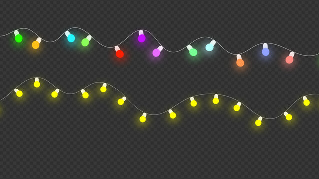 Colorful christmas string lights vector illustration, glowing fairy lights collection for holiday design