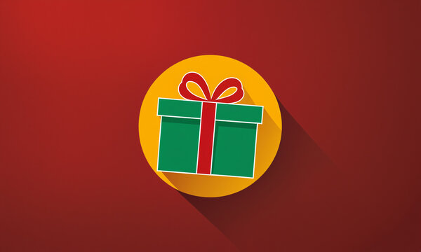 a green wrapped gift box with a red ribbon bow set inside a yellow circular frame casting a long diagonal shadow on a red gradient surface