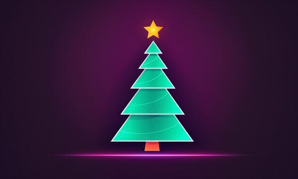 a stylized green layered christmas tree with a golden star on top positioned above a pink glowing neon light line on a dark purple surface