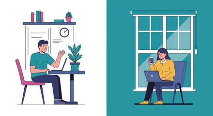 Fototapeta premium Man and Woman Working Remotely with Laptops