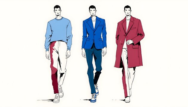 Fashion illustration of three male models wearing modern blue red and neutral contemporary outfits