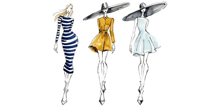 Hand drawn fashion illustration of three female models wearing striped blue yellow and light blue dresses