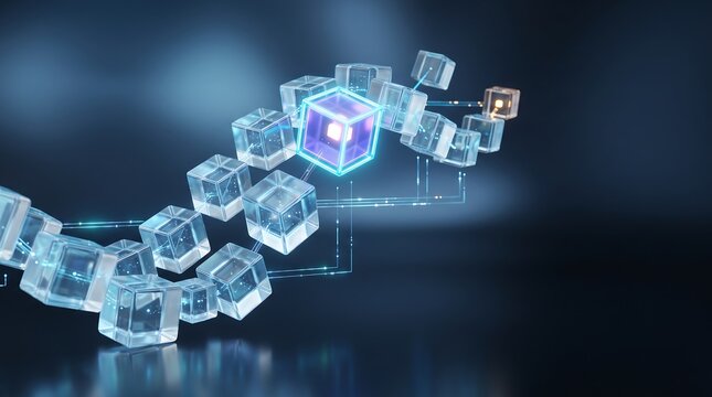 Blockchain technology visualization showing a chain of glowing glass cubes connected by digital light nodes on a dark background representing secure decentralized data storage and finance