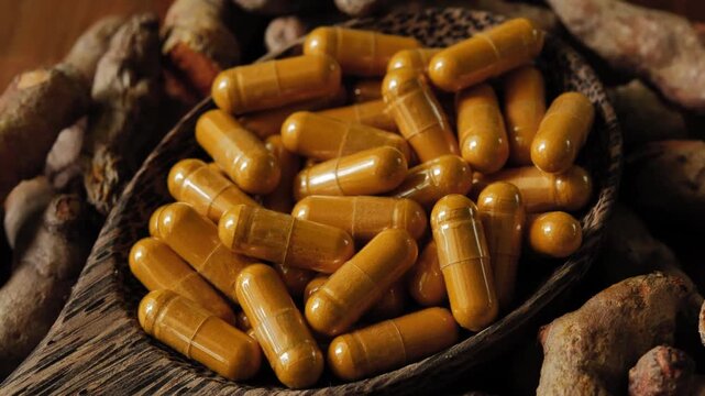 Turmeric capsules made from turmeric extract, presented as a natural herbal supplement and traditional herbal product	