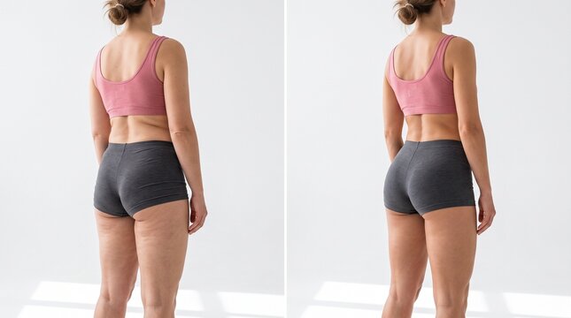 Woman modeling matching sports bra and shorts from back view comparison