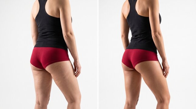 Woman in black top showcasing red high-waisted bikini bottoms from back view