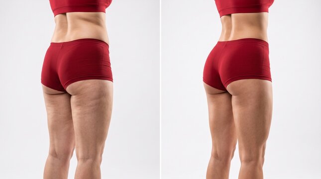 Woman demonstrating red high-waisted underwear fit from front and back view