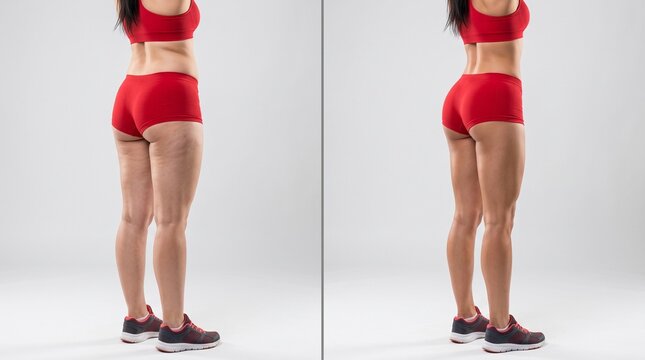 Woman demonstrating proper squat posture in red shorts and black shoes