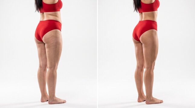 Woman demonstrating proper posture comparison in red bikini bottoms from front and back view