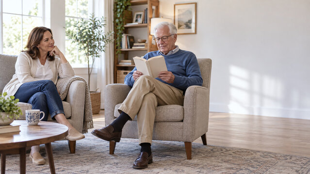 Woman resting while an older man reads in a living room