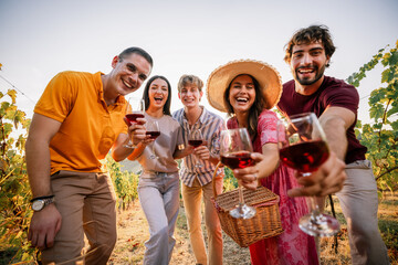 Obraz premium Close up of friends offering toast with wine glasses towards camera in vineyard