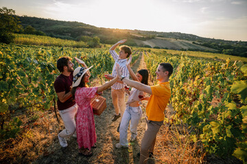 Obraz premium Friends giving high five during wine tasting picnic in sunny vineyard