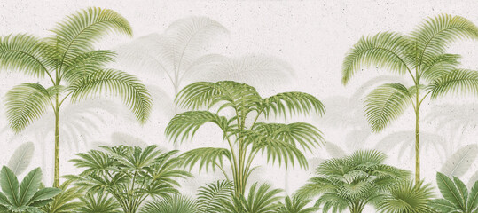 Retro mural photo wallpaper jungle and graceful leaves tropical forest vintage background graphics painting art card palm trees and blue sky © KING_SCARFACE