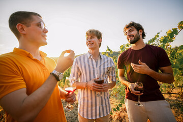 Obraz premium Close-up of young men talking and laughing over wine at vineyard