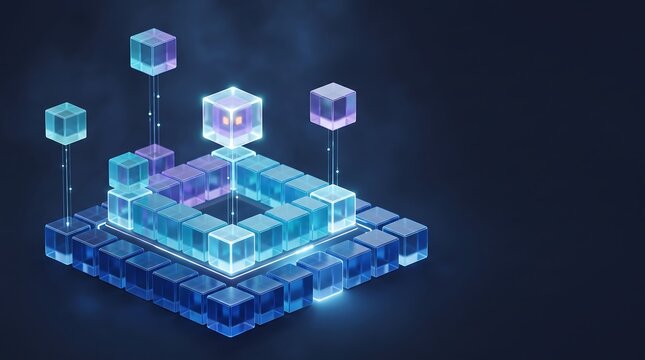 Abstract digital data structure with glowing glass cubes and floating network nodes representing cloud computing and big data architecture in modern technology environment